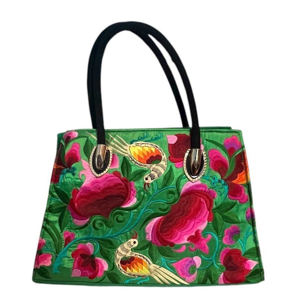 Handcrafted Floral Embroidered Shoulder Green Tote Bag – Unbranded, New - Picture 2 of 12
